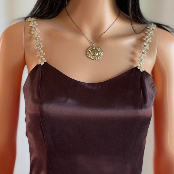 Vtg Y2K Jessica McClintock Gunne Sax Brown Satin Mini Dress Daisy Straps Sz 5/6 - Picture 3 of 9